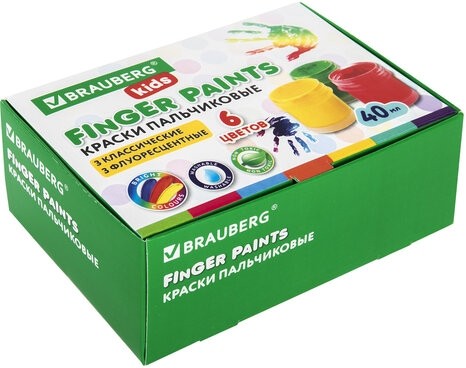 Краски пальчиковые для малышей от 1 года, 6 цветов (3 классических + 3 флуоресцентных) х 40 мл, BRAUBERG KIDS, 192279