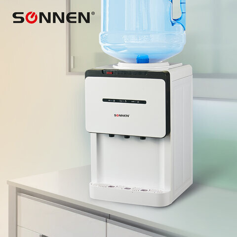Кулер для воды SONNEN TSE-02, настольный, НАГРЕВ/ОХЛАЖДЕНИЕ ЭЛЕКТРОННОЕ, 3 крана, белый/черный, 453976