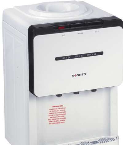 Кулер для воды SONNEN TSE-02, настольный, НАГРЕВ/ОХЛАЖДЕНИЕ ЭЛЕКТРОННОЕ, 3 крана, белый/черный, 453976