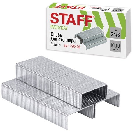 Скобы для степлера №24/6, 1000 штук, STAFF "EVERYDAY", до 30 листов, 220429