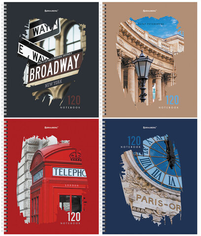 Тетрадь А5 120 л. BRAUBERG, гребень, клетка, твёрдая обложка, "Города" (микс в спайке), 404449