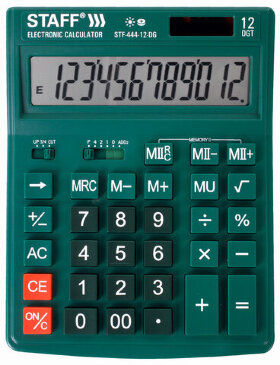Калькулятор настольный STAFF STF-444-12-DG (199x153 мм), 12 разрядов, двойное питание, ЗЕЛЕНЫЙ, 250464