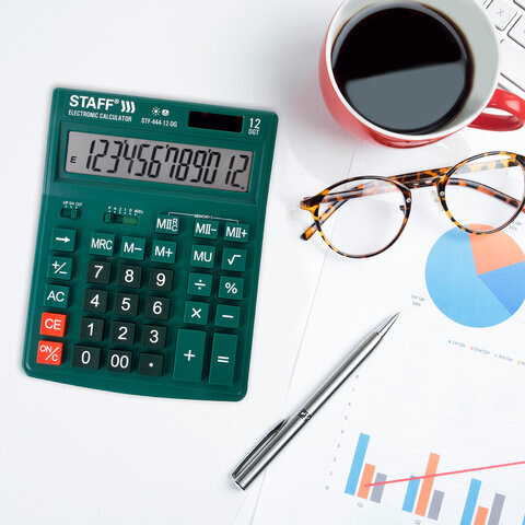 Калькулятор настольный STAFF STF-444-12-DG (199x153 мм), 12 разрядов, двойное питание, ЗЕЛЕНЫЙ, 250464