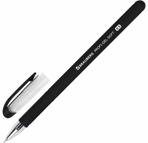 Ручка гелевая BRAUBERG "Profi-Gel SOFT", ЧЕРНАЯ, линия письма 0,4 мм, стандартный наконечник 0,5 мм, прорезиненный корпус SOFT-TOUCH, 144129