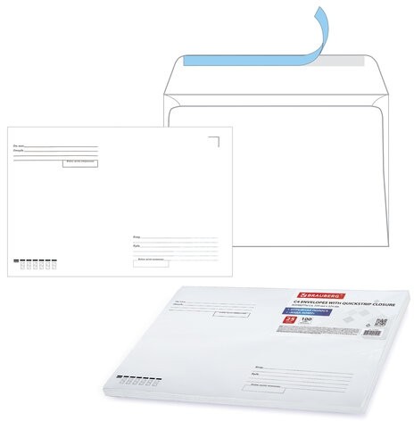 Конверты С4 (229х324 мм), отрывная лента, "Куда-Кому", 100 г/м2, КОМПЛЕКТ 25 шт., BRAUBERG, 121853