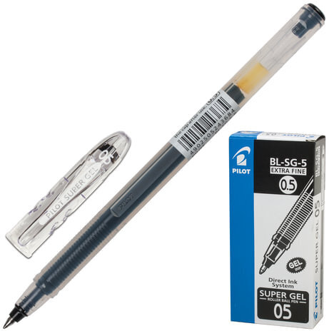 Ручка гелевая PILOT "Super Gel", ЧЕРНАЯ, корпус прозрачный, узел 0,5 мм, линия письма 0,3 мм, BL-SG-5