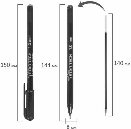 Ручка шариковая масляная PENSAN Star Tech, ЧЕРНАЯ, игольчатый узел 1 мм, линия 0,8 мм, 2260/12