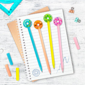 Ручка с топпером шариковая ЮНЛАНДИЯ &quot;Пончик&quot;, корпус ассорти, СИНЯЯ, пишущий узел 0,7 мм, 143799