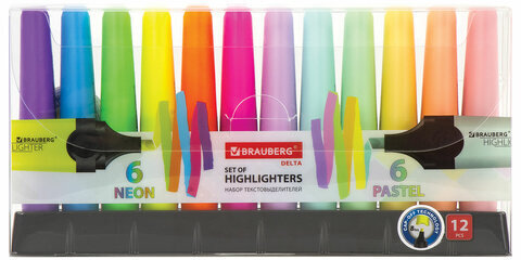 Набор текстовыделителей 12 ЦВЕТОВ на подставке, BRAUBERG "DELTA", линия 1-5 мм, 151737