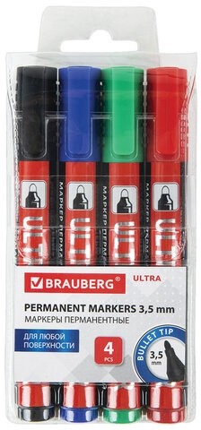 Маркеры перманентные BRAUBERG ULTRA MARKER, НАБОР 4 ЦВЕТА, круглый наконечник 3,5 мм, 152208