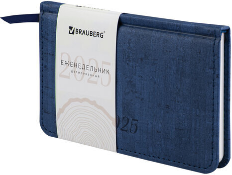 Еженедельник датированный 2025 МАЛЫЙ ФОРМАТ 95х155 мм А6, BRAUBERG "Wood", под кожу, синий, 115985