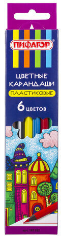 Карандаши цветные ПИФАГОР "СКАЗОЧНЫЙ ГОРОД", 6 цветов, черный пластик, заточенные, 181582