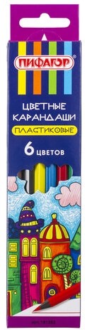 Карандаши цветные ПИФАГОР "СКАЗОЧНЫЙ ГОРОД", 6 цветов, черный пластик, заточенные, 181582