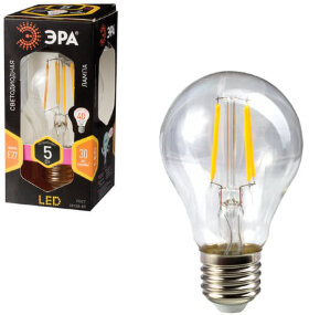 Лампа светодиодная филаментная ЭРА, 5 (40) Вт, цоколь E27, грушевидная, теплый белый свет, 30000 ч., F-LED А60-5w-827-E27