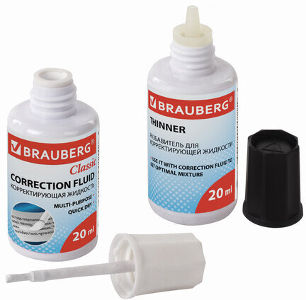 Корректирующий набор BRAUBERG, КОРРЕКТИРУЮЩАЯ ЖИДКОСТЬ + РАЗБАВИТЕЛЬ, 20+20 мл, 220454