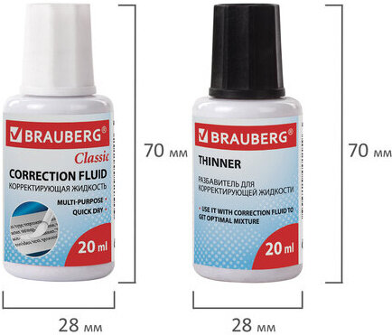 Корректирующий набор BRAUBERG, КОРРЕКТИРУЮЩАЯ ЖИДКОСТЬ + РАЗБАВИТЕЛЬ, 20+20 мл, 220454