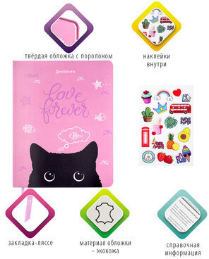 Дневник 1-11 класс 48 л., кожзам (твердая с поролоном), печать, наклейки, BRAUBERG, "Black Cat", 106189