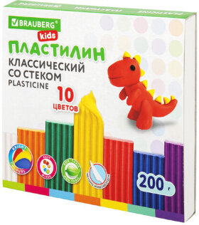 Пластилин классический BRAUBERG KIDS, 10 цветов, 200 г, со стеком, 106504