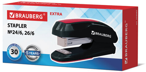 Степлер №24/6, 26/6 BRAUBERG "Extra", до 30 листов, черно-красный, 229085