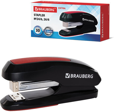 Степлер №24/6, 26/6 BRAUBERG "Extra", до 30 листов, черно-красный, 229085