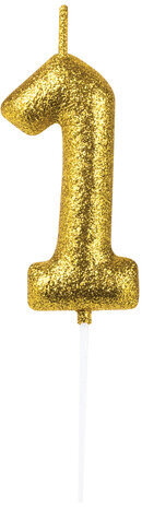 Свеча-цифра для торта "1" золотая с глиттером, 6 см, ЗОЛОТАЯ СКАЗКА, на шпажке, в блистере, 591414
