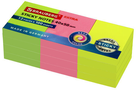 Блоки самоклеящиеся EXTRA STICKY BRAUBERG (Германия), НЕОНОВЫЕ, 40х50 мм, НАБОР 12 шт. по 100 л., 3 цвета, 112415