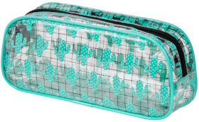 Пенал-косметичка BRAUBERG LUCENT на молнии, прозрачный, &quot;Cactus&quot;, 21х5х9 см, 270053