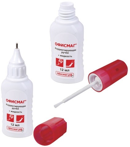 Ручка-корректор + корректирующая жидкость ОФИСМАГ, 12 мл, 2 в 1: металлический наконечник + кисточка, 225218