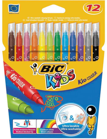 Фломастеры BIC "Kid Couleur", 12 цветов, суперсмываемые, вентилируемый колпачок, европодвес, 9202932