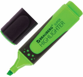 Текстовыделитель BRAUBERG &quot;SUPER&quot;, ЗЕЛЕНЫЙ, прорезиненный корпус, линия 1-5 мм, 151739