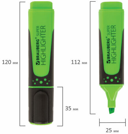 Текстовыделитель BRAUBERG "SUPER", ЗЕЛЕНЫЙ, прорезиненный корпус, линия 1-5 мм, 151739