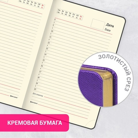 Ежедневник недатированный МАЛЫЙ ФОРМАТ 100x150 мм А6 BRAUBERG "Iguana", под кожу,160 л., сиреневый, 114470