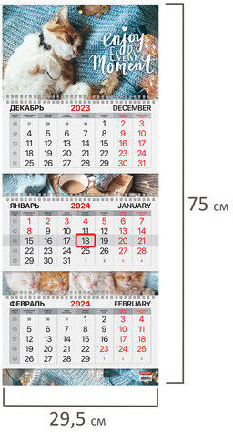 Календарь квартальный на 2024 г., 3 блока, 3 гребня, с бегунком, мелованная бумага, EXTRA, BRAUBERG, "Sleepy cat", 115303