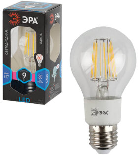 Лампа светодиодная филаментная ЭРА, 9 (80) Вт, цоколь E27, грушевидная, холодный белый свет, 30000 ч., F-LED А60-9w-840-E27