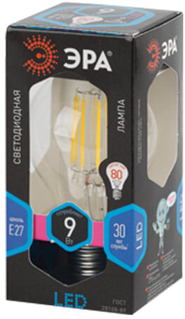 Лампа светодиодная филаментная ЭРА, 9 (80) Вт, цоколь E27, грушевидная, холодный белый свет, 30000 ч., F-LED А60-9w-840-E27