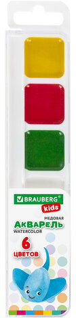 Краски акварельные BRAUBERG KIDS, медовые, 6 цветов, квадратные кюветы, пластиковый пенал, 192281