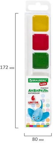 Краски акварельные BRAUBERG KIDS, медовые, 6 цветов, квадратные кюветы, пластиковый пенал, 192281