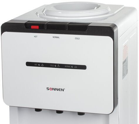 Кулер для воды SONNEN FSE-03, напольный, НАГРЕВ/ОХЛАЖДЕНИЕ ЭЛЕКТРОННОЕ, шкаф, 3 крана, белый/черный, 453979