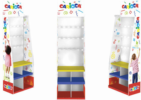 Стойка для размещения товара напольная усиленная CARIOCA, 200х60х40 см, 3 полки, 25 крючков, картон, 504865