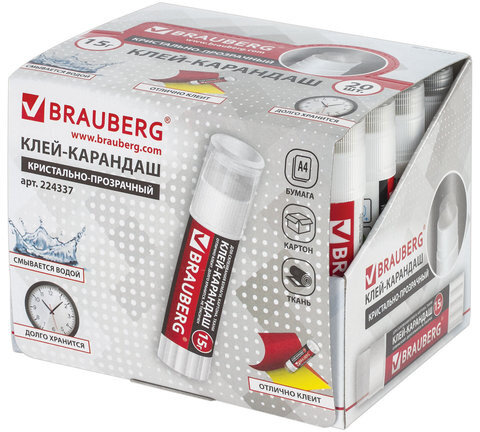 Клей-карандаш BRAUBERG "Crystal", прозрачный, 15 г, 224337