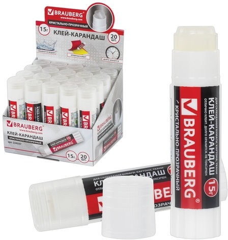 Клей-карандаш BRAUBERG "Crystal", прозрачный, 15 г, 224337