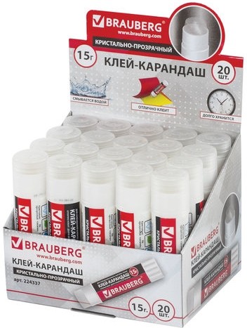 Клей-карандаш BRAUBERG "Crystal", прозрачный, 15 г, 224337