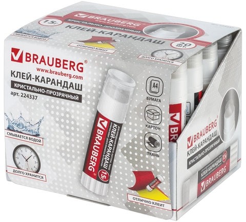 Клей-карандаш BRAUBERG "Crystal", прозрачный, 15 г, 224337