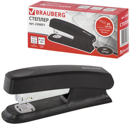 Степлер №24/6, 26/6 BRAUBERG "Standard", до 25 листов, черный, 226851