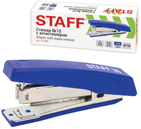Степлер №10 STAFF "Basic", до 10 листов, с антистеплером, синий, 227405