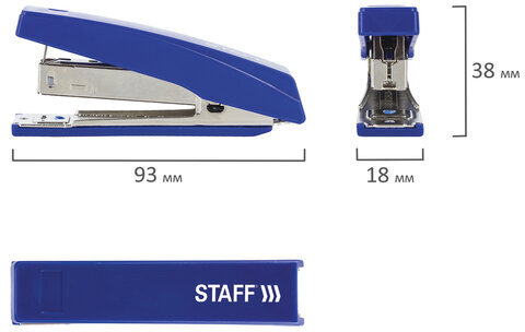 Степлер №10 STAFF "Basic", до 10 листов, с антистеплером, синий, 227405