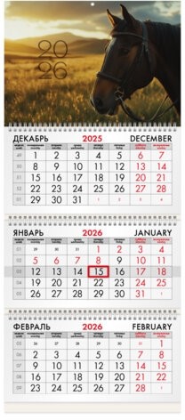 Календарь квартальный на 2026 г., 3 блока, 3 гребня, бегунок, мелованная бумага, BRAUBERG, &quot;Символ 2026&quot;, 116802