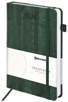 Ежедневник датированный 2026 А5 138x213 мм, BRAUBERG &quot;Wood&quot;, под кожу, держатель для ручки, зеленый, 117109