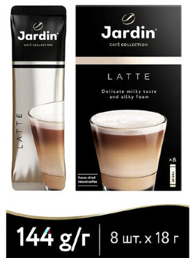 Кофе растворимый порционный JARDIN &quot;3 в 1 Латте&quot;, КОМПЛЕКТ 8 пакетиков по 18 г, 1693-10