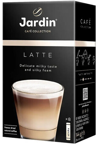 Кофе растворимый порционный JARDIN "3 в 1 Латте", КОМПЛЕКТ 8 пакетиков по 18 г, 1693-10